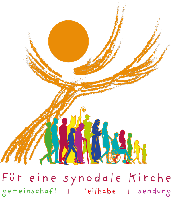 Offizielles Logo der Weltsynode: Für eine synodale Kirche – Gemeinschaft, Teilhabe, Sendung